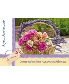 Carte Double Anniversaire Bouquet de roses et lavande dans un panier